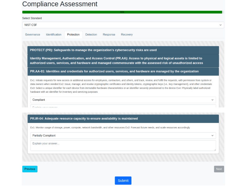 Cybersecurity compliance form with real-time progress bar – Cyscomply